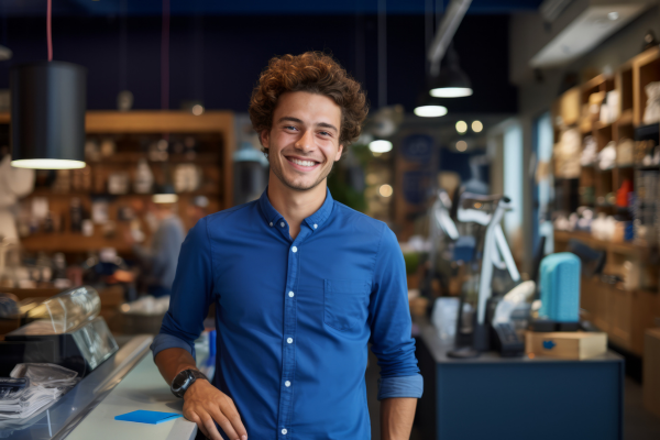 Young man in shop smiling